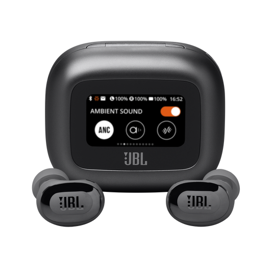 JBL Live Buds 3 closed-stick earbuds in black nestled inside open Smart Charging Case displaying touchscreen controls.