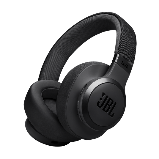 JBL Live 770NC black over-ear headphones with plush ear cushions and fabric-wrapped headband viewed from the side.