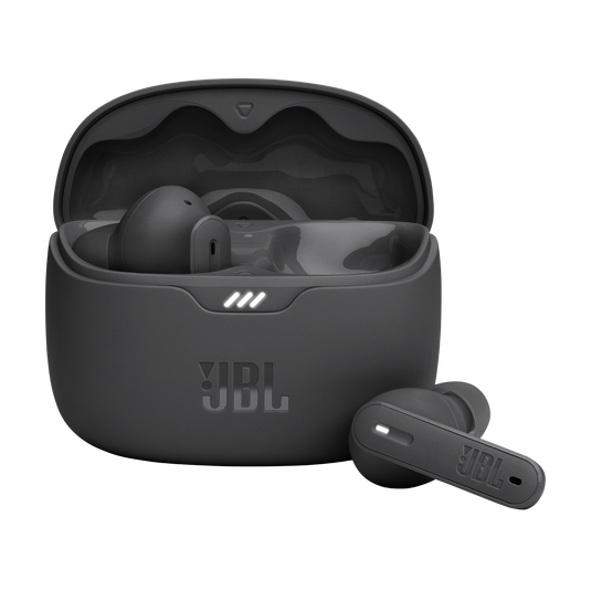 JBL Tune Beam true wireless earbuds inside open charging case with LED battery indicator and USB-C cable.
