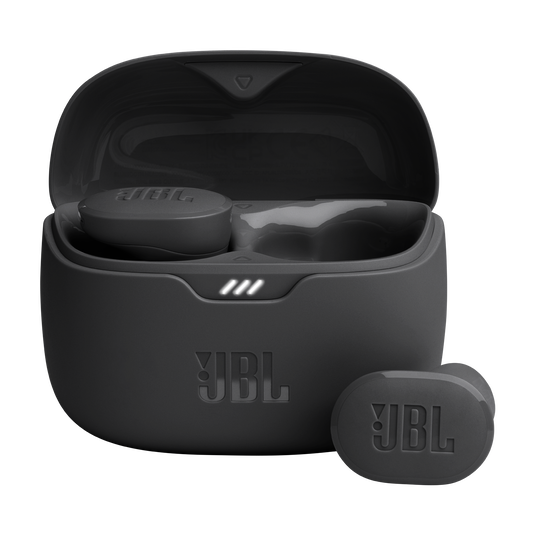 Black JBL wireless earbuds with charging case on a white background