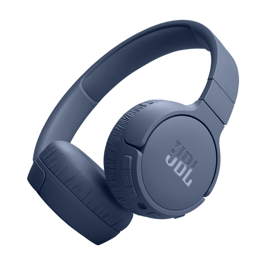 JBL Tune 670NC wireless on-ear headphones in black, folded flat with padded ear cushions and JBL logo visible.