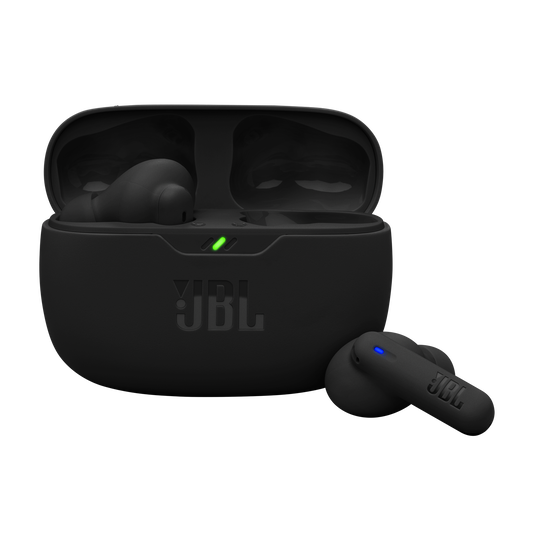 Pair of black JBL Wave Beam 2 earbuds nestled inside an open white charging case with LED status lights visible.
