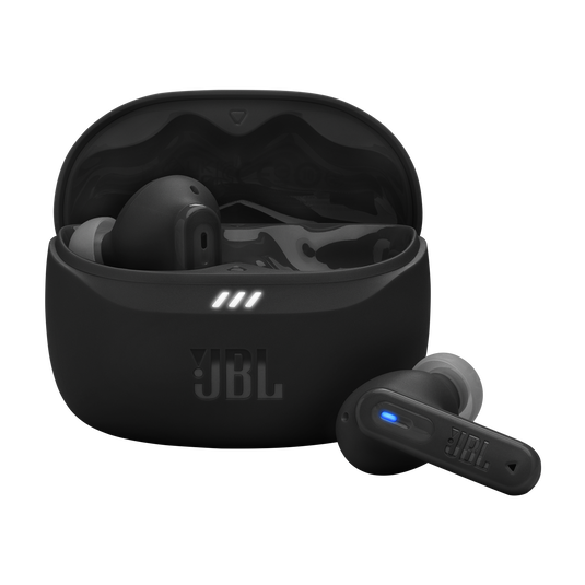 JBL Tune Beam 2 earbuds in open charging case showing LED status indicators and ergonomic oval-tube design.