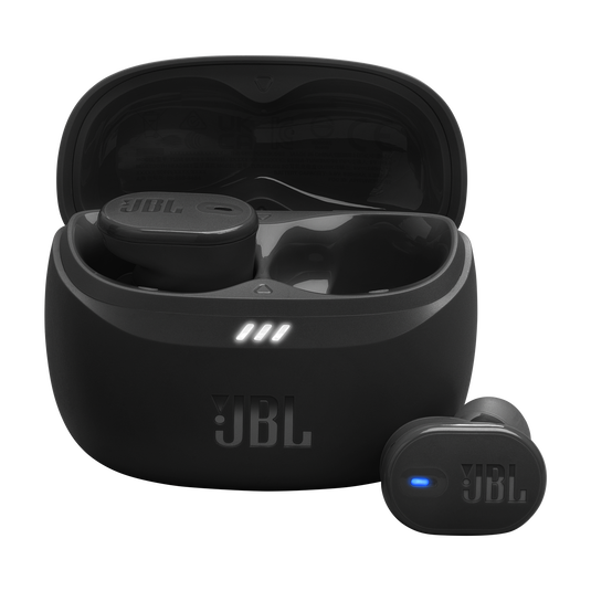Open JBL Tune Buds 2 charging case revealing two true-wireless earbuds with LED status indicators.”