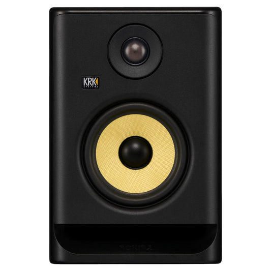 Front view of KRK ROKIT 5 M5 studio monitor showing the 5″ woofer and 1″ tweeter.”