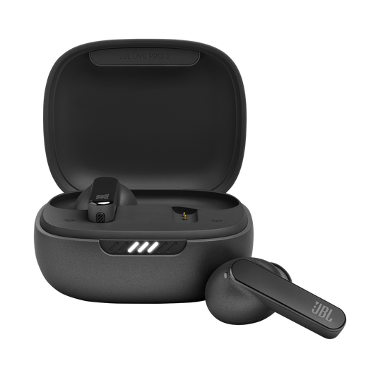 Pair of JBL Live Pro 2 TWS earbuds nestled in open charging case with LED status indicator and Qi-compatible pad.