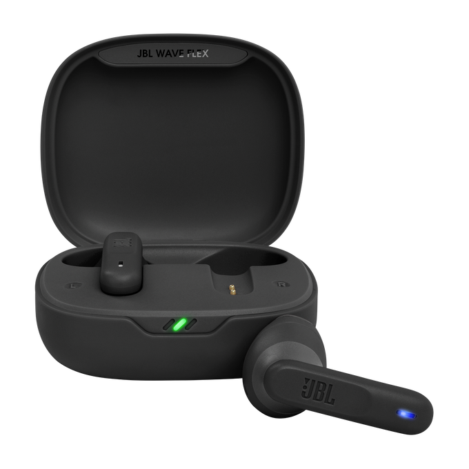 Black JBL Wave Flex earbuds nestled inside an open charging case with LED battery indicators visible.