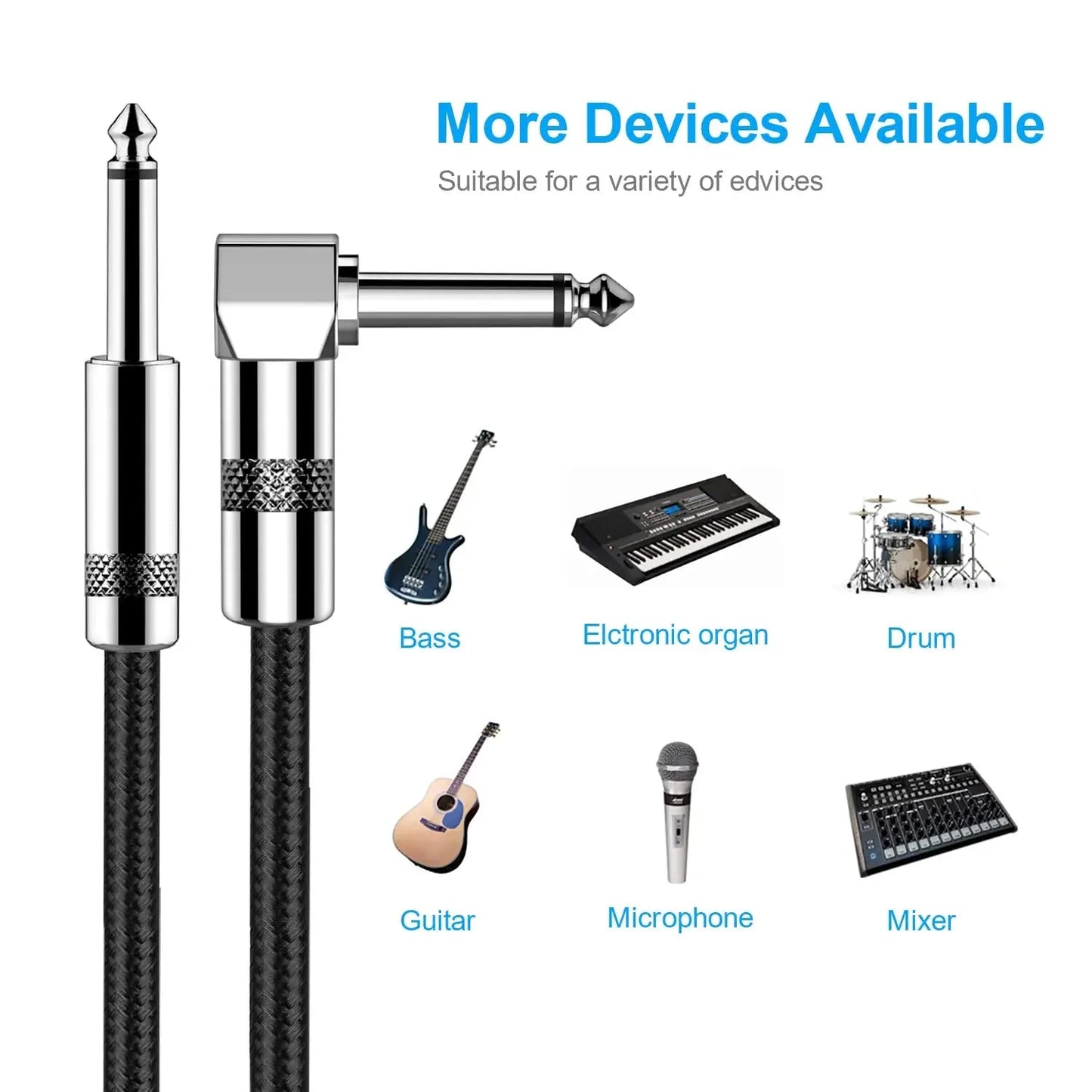 1/4 Inch Right Angled to Straight Guitar Cable – TS 6.35mm Male Instrument Mono 6.5mm Cord for Electric Guitar, Mandolin, Pro Audio - ZAMAR AUDIO SOLUTIONS