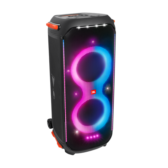 Front view of JBL PartyBox 710 showing dual 8-inch woofers, dual tweeters, and RGB lightshow in pulse mode.