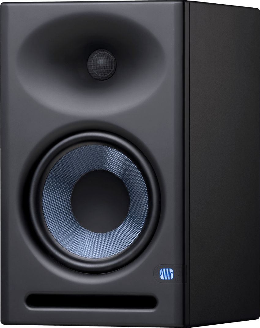 Close‑up of Eris E8 XT silk‑dome tweeter and woven woofer.