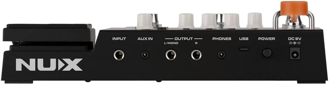 NUX audio device with various ports and controls on a black background