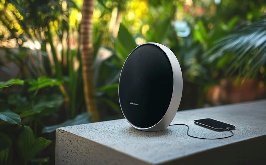Harman Kardon Onyx Studio 9 portable Bluetooth speaker with its iconic circular design and integrated aluminum frame, displayed on a modern table.