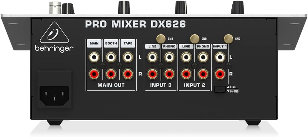 Rear panel of DX626 with three RCA stereo inputs, three RCA stereo outputs, and power connector.