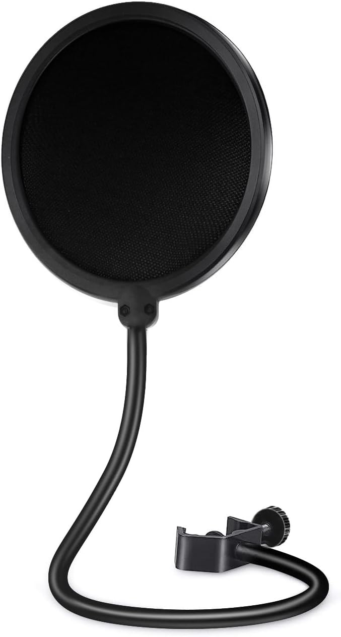 Studio microphone pop filter with dual-layer mesh and flexible gooseneck