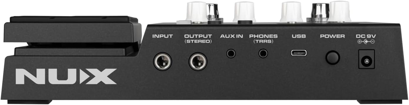 Nux audio device with various ports and labels on a black background