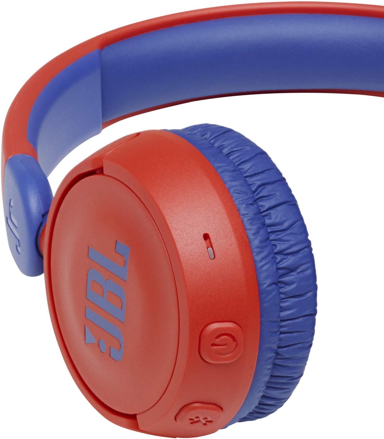 Close-up of JBL Jr310BT headphones highlighting Bluetooth connectivity and child-friendly volume controls.