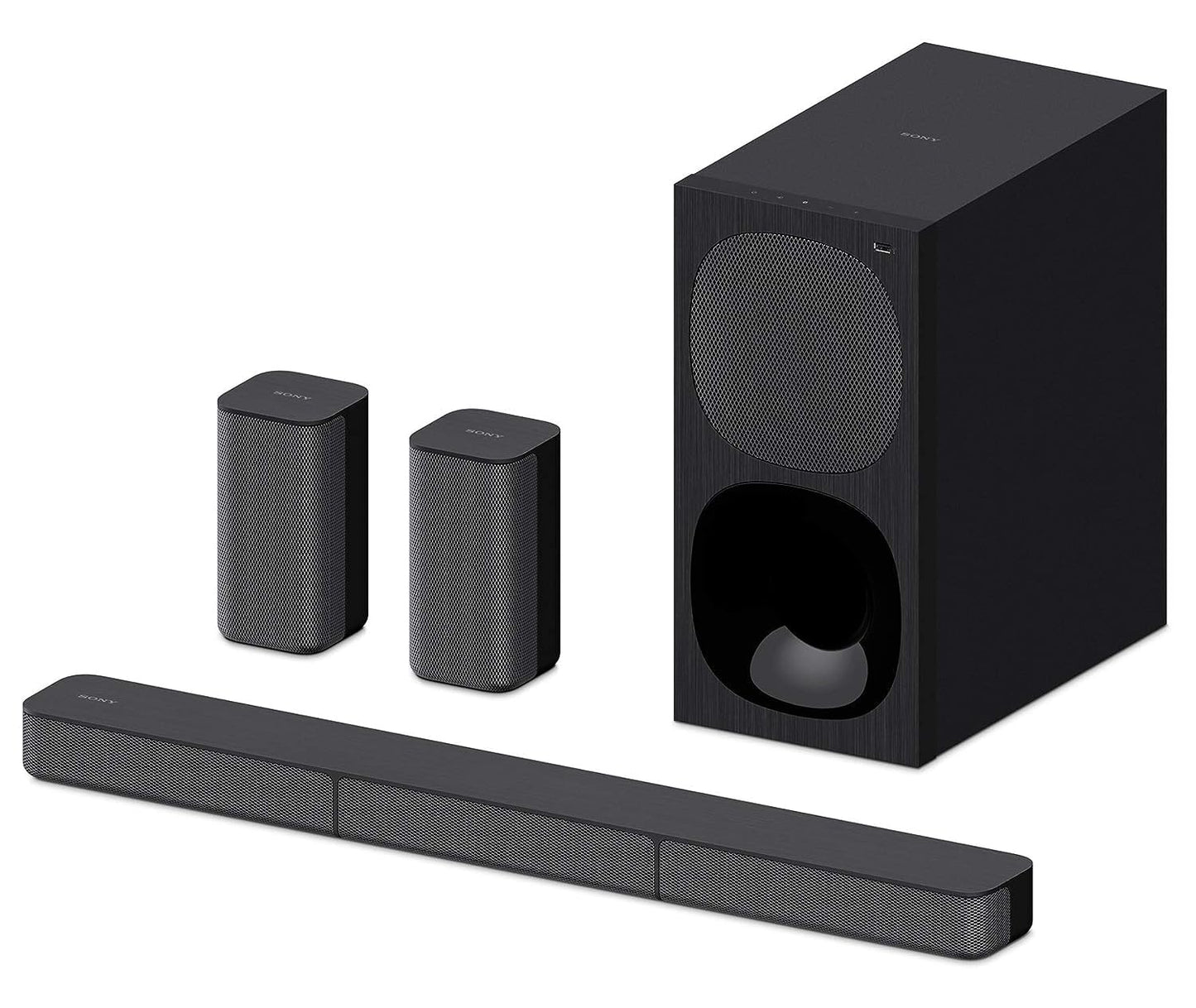 Sony HT-S20R 5.1ch Soundbar system with subwoofer and rear speakers displayed in a modern living room setup.