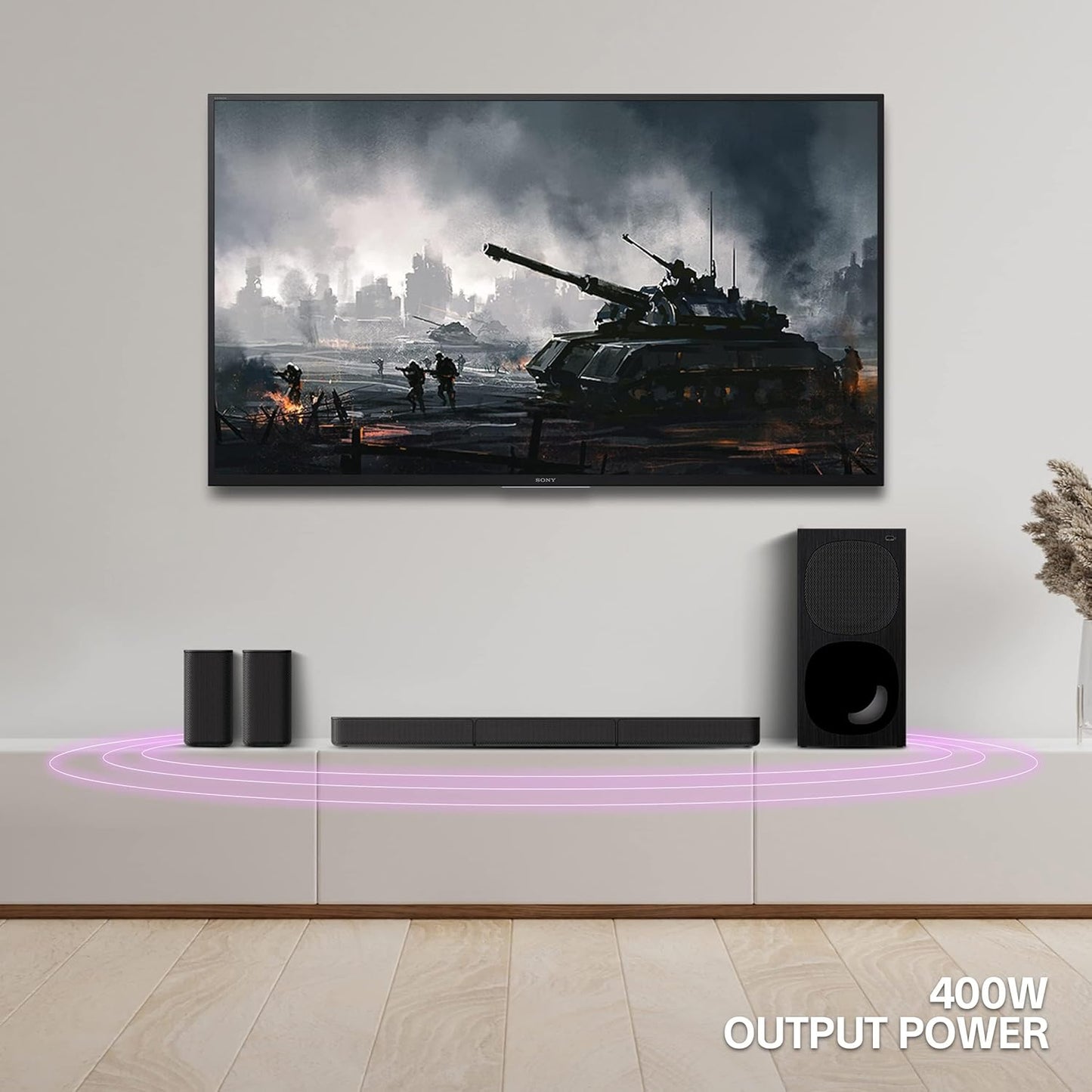 Sony HT-S20R rear speakers and subwoofer positioned for optimal surround sound performance.