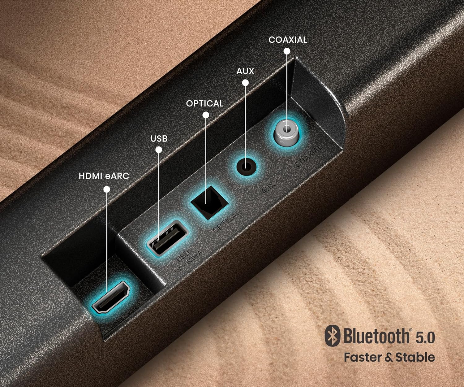 Close-up of the Hisense AX3100 soundbar front panel showcasing connectivity ports and an LED display
