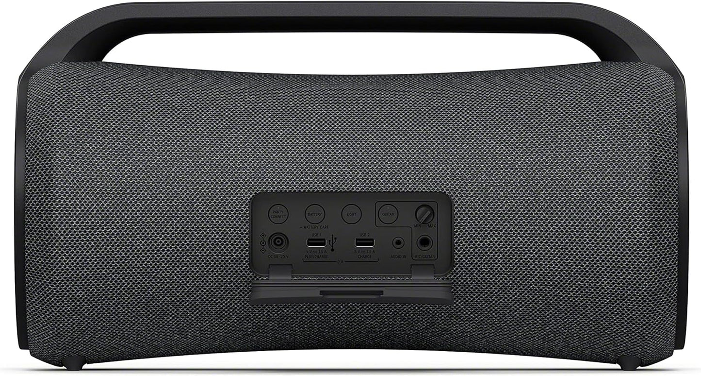 Close-up of the Sony SRS-XG500 control panel showcasing connectivity ports, Bluetooth status, and mic/guitar input options.