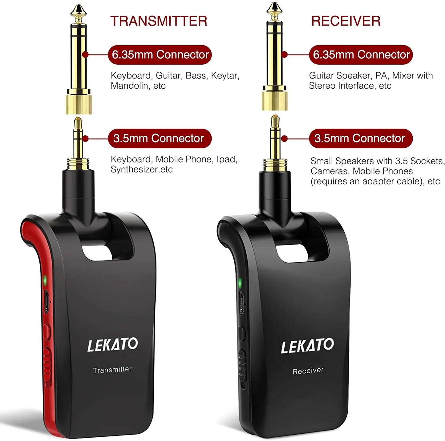 LEKATO WS-60 2.4GHz Wireless Guitar System — Transmitter + Receiver Kit
