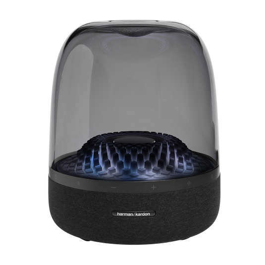 Harman Kardon Aura Studio 4 showcasing its iconic transparent dome with a diamond-effect light show