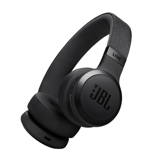 JBL Live 670NC black on-ear headphones with padded headband and earcups viewed from side.