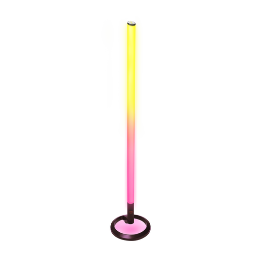 JBL PartyLight Stick upright on a table displaying a multicolored LED lightshow with 360-degree coverage.
