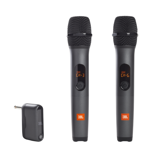 Two JBL Wireless Microphone System handheld mics and a rechargeable receiver unit displayed on a white background.