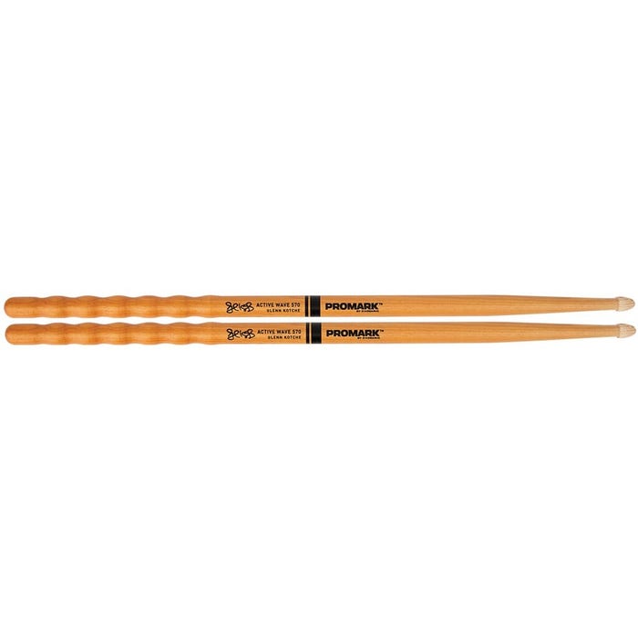 ProMark Active Wave 570 drumsticks with acorn-shaped tips and heat-activated ActiveGrip coating.