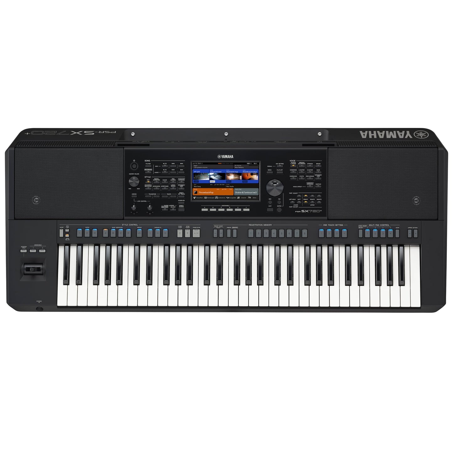 Yamaha PSR-SX720 arranger keyboard top view showing dual speakers and full control panel