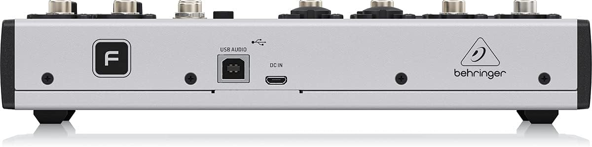 Behringer FLOW 8 Kenya rear panel showing USB Audio port, DC IN jack and Behringer logo on silver chassis
