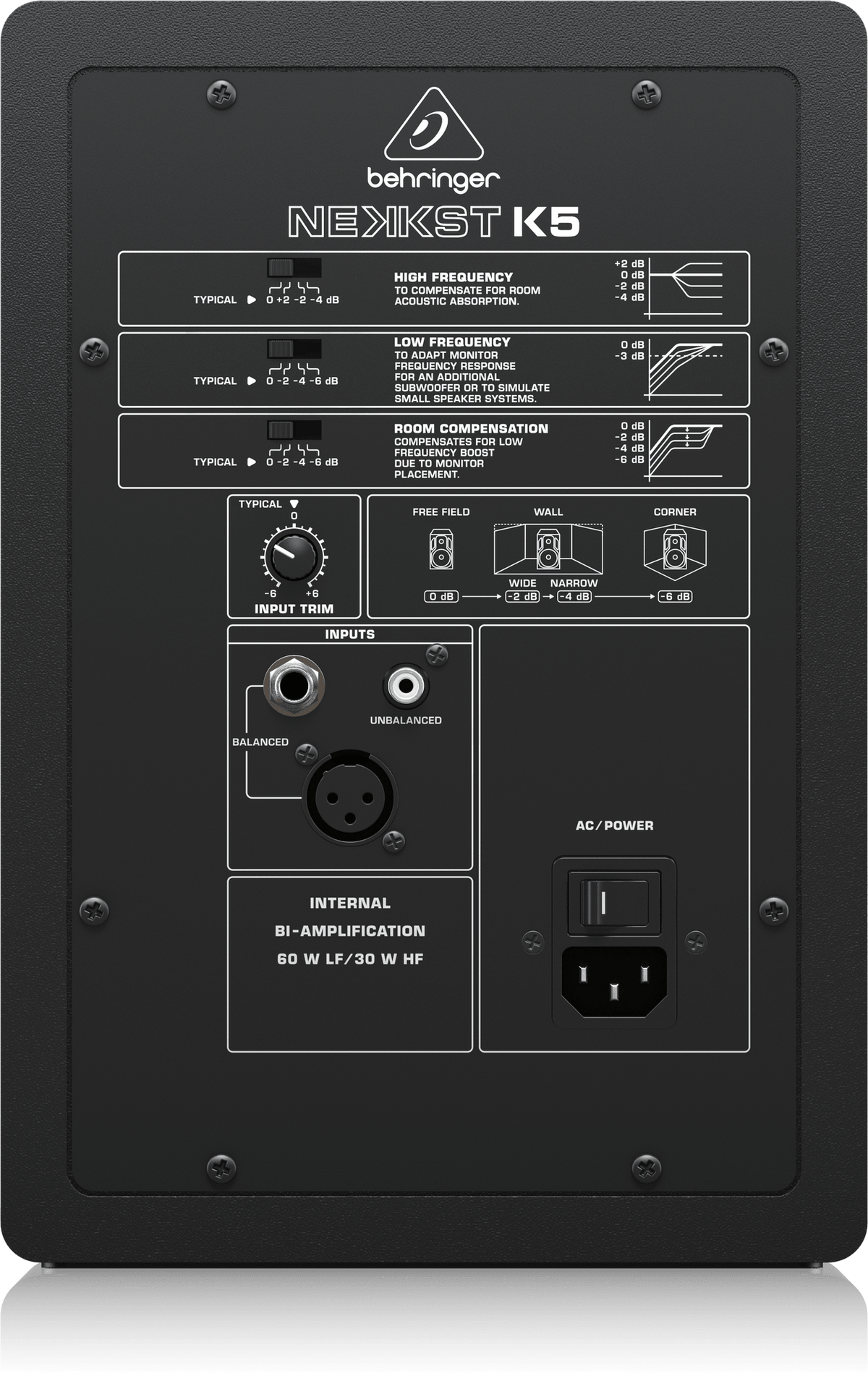 Behringer NEKKST K5 Kenya rear panel showing XLR TRS inputs, EQ switches, room compensation controls and AC power
