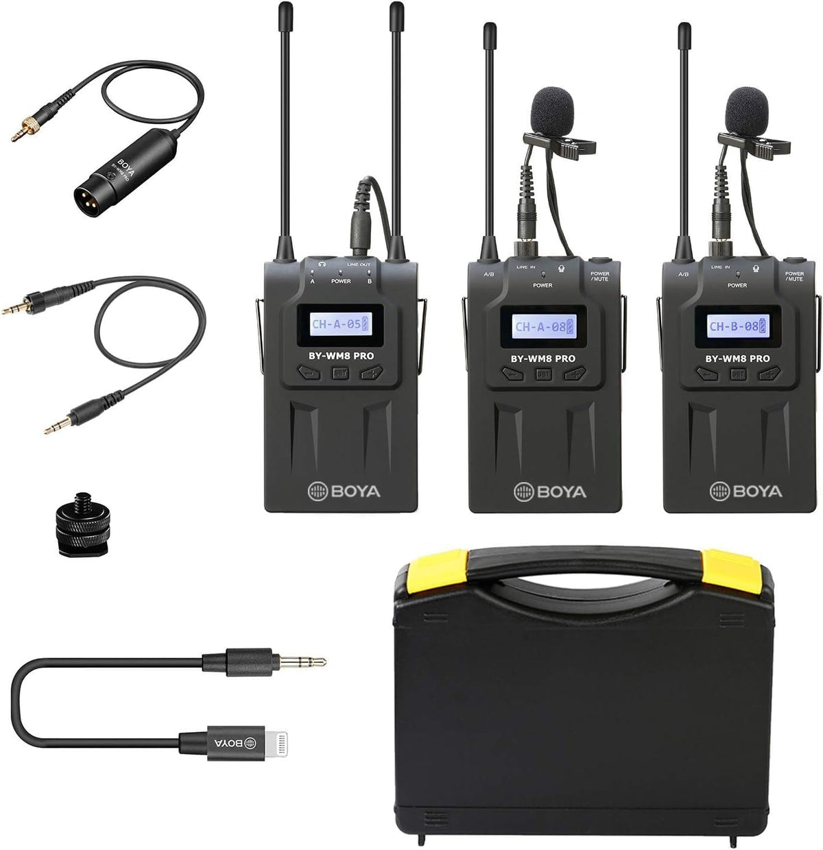 BOYA BY-WM8 Pro-K2 complete kit with receiver, two transmitters, lavalier mics, cables and carry case