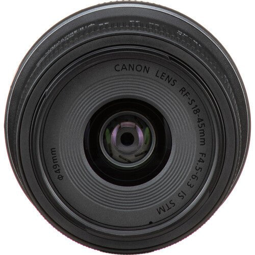 Canon EOS R100 Camera Kenya close-up of Canon RF-S 18-45mm lens front element and markings