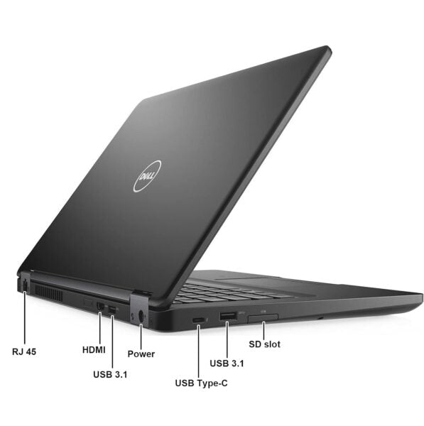 Dell Latitude 5480 Kenya rear lid view showing Dell logo on matte black chassis, left-side ports and vents visible