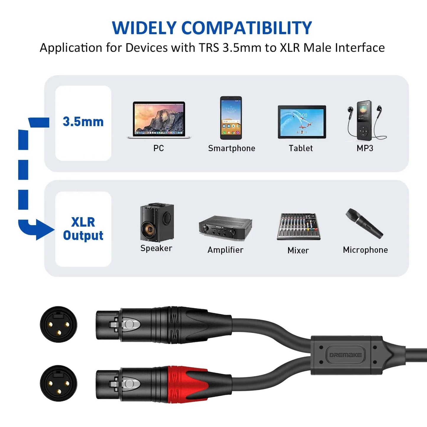 DREMAKE Aux 3.5mm to Dual XLR Breakout Cable – 1/8 Inch to Double XLR Plug Unbalanced Y - Splitter for Speaker, Microphone, Amplifier - ZAMAR AUDIO SOLUTIONS
