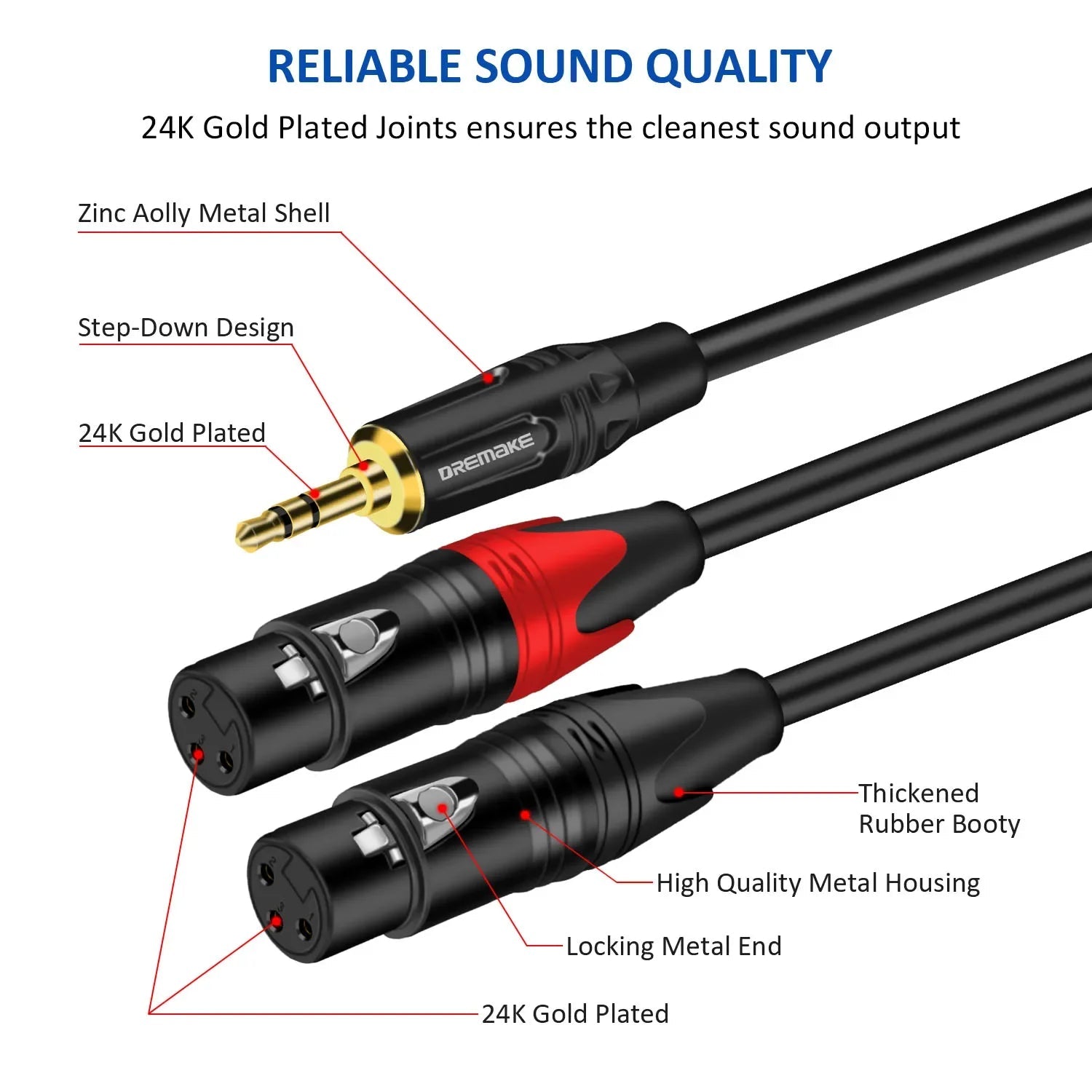 DREMAKE Aux 3.5mm to Dual XLR Breakout Cable – 1/8 Inch to Double XLR Plug Unbalanced Y - Splitter for Speaker, Microphone, Amplifier - ZAMAR AUDIO SOLUTIONS