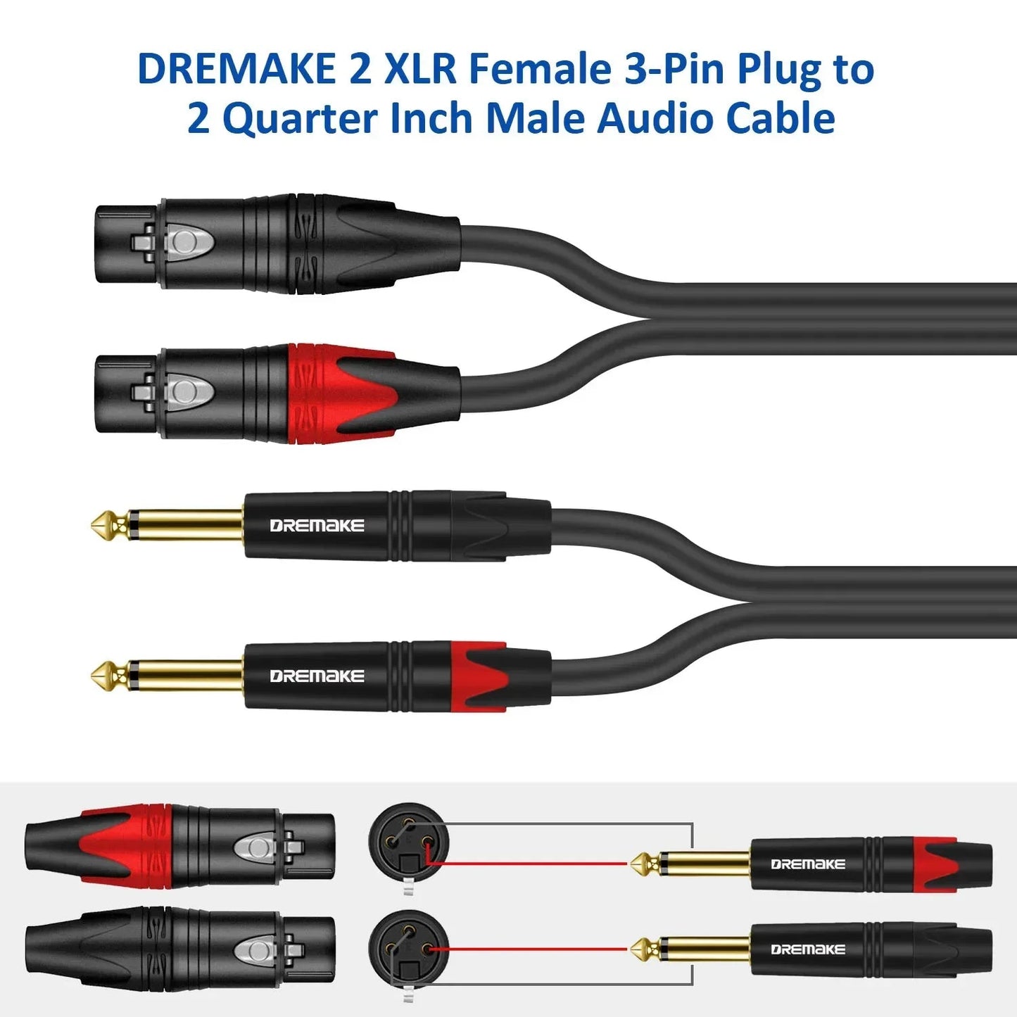 DREMAKE Mic Cable Male TS 1/4" Jack – 2x 6.5mm to 2x XLR Female 3 - Pin for Mixing Board, Speaker, Dual XLR to Dual 6.35mm Patch Cord - ZAMAR AUDIO SOLUTIONS