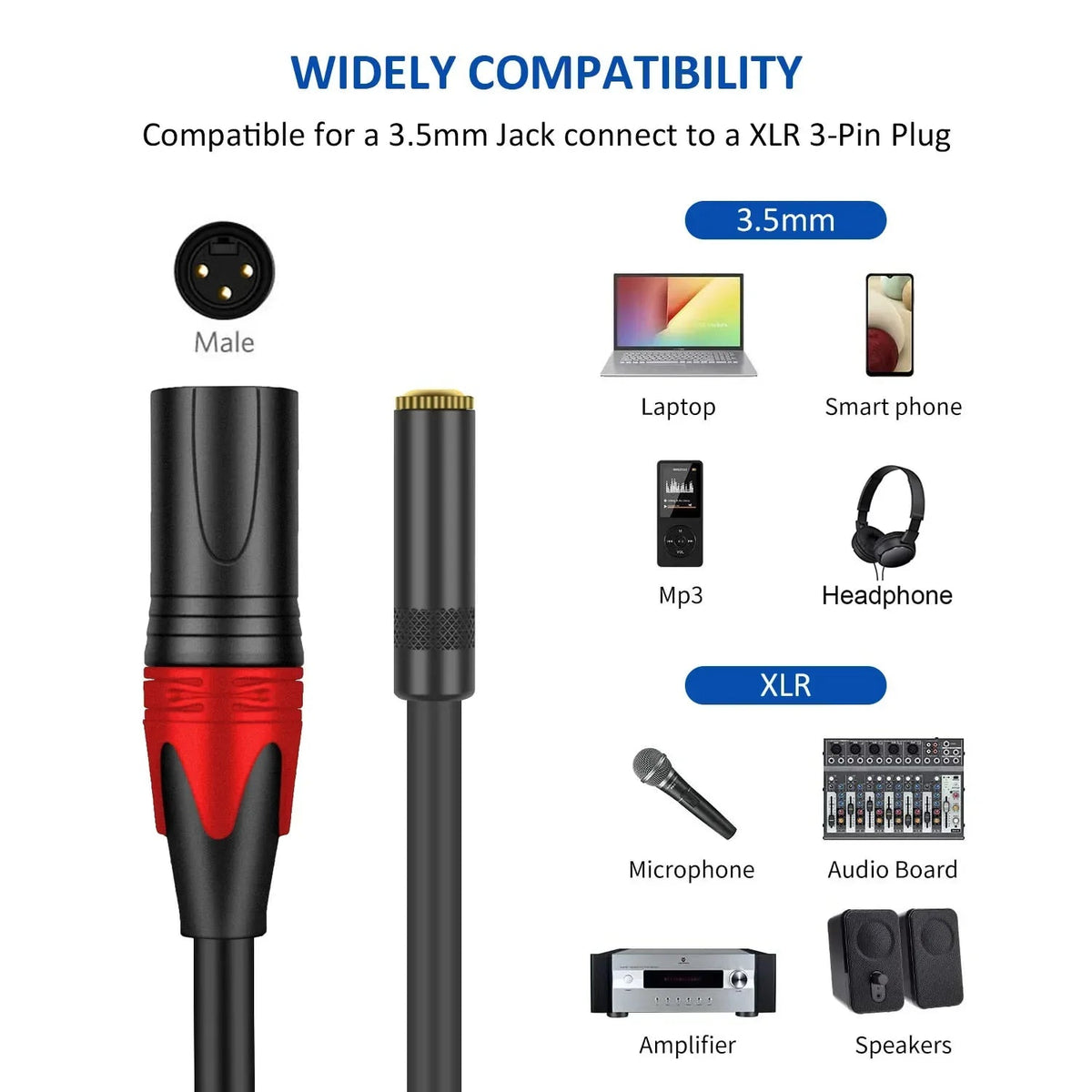 DREMAKE XLR to 3.5mm Cable – 3-Pin XLR Male to 3.5mm 1/8'' TRS Female Stereo Adapter Extension Mic Cord - ZAMAR AUDIO SOLUTIONS
