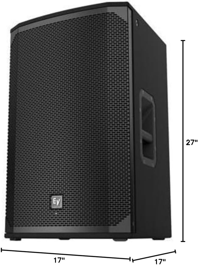 Electro-Voice EKX-15P powered speaker Kenya front view with dimension callouts 17x17x27 inches