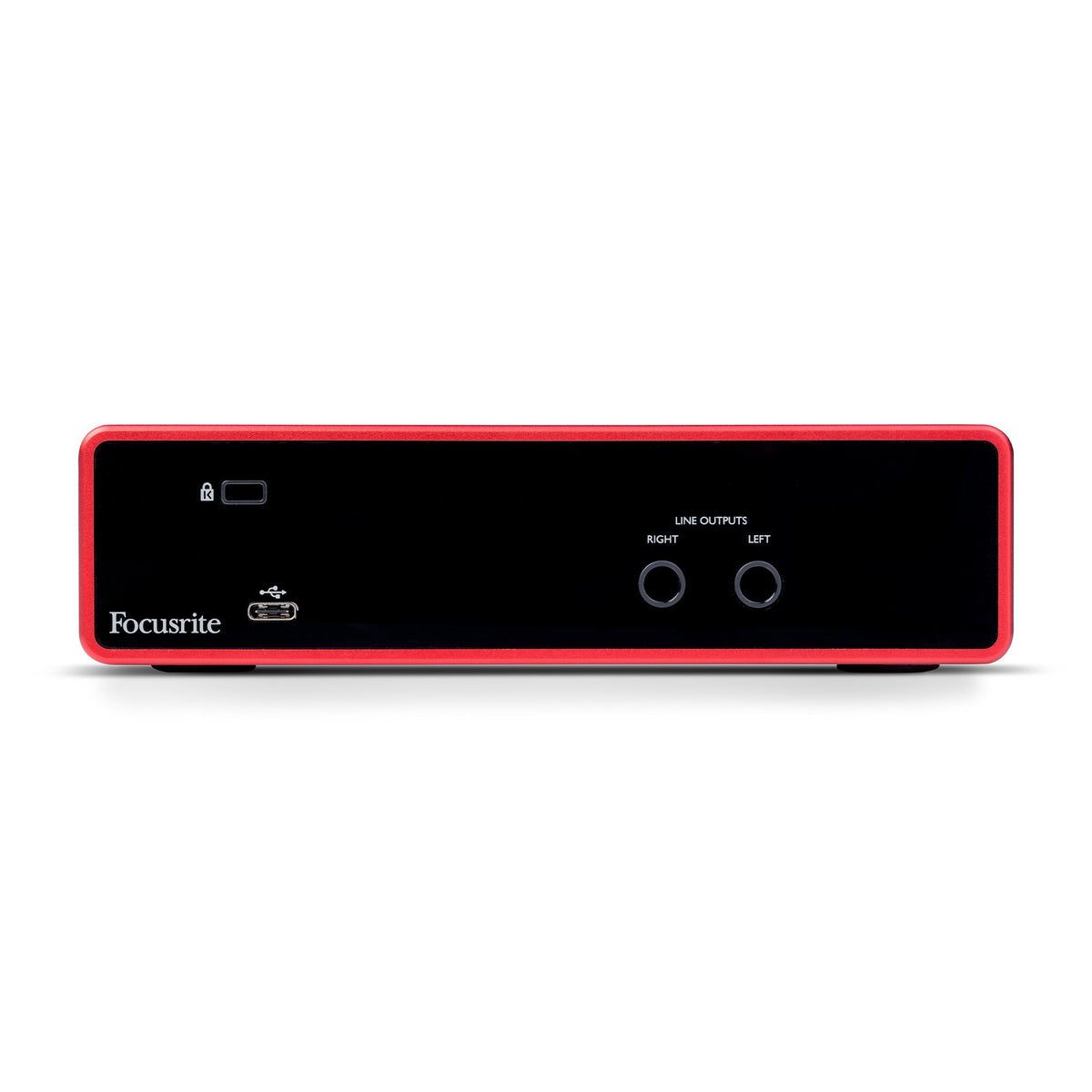 Focusrite Scarlett 2i2 Kenya rear panel showing balanced left and right line outputs and USB port`