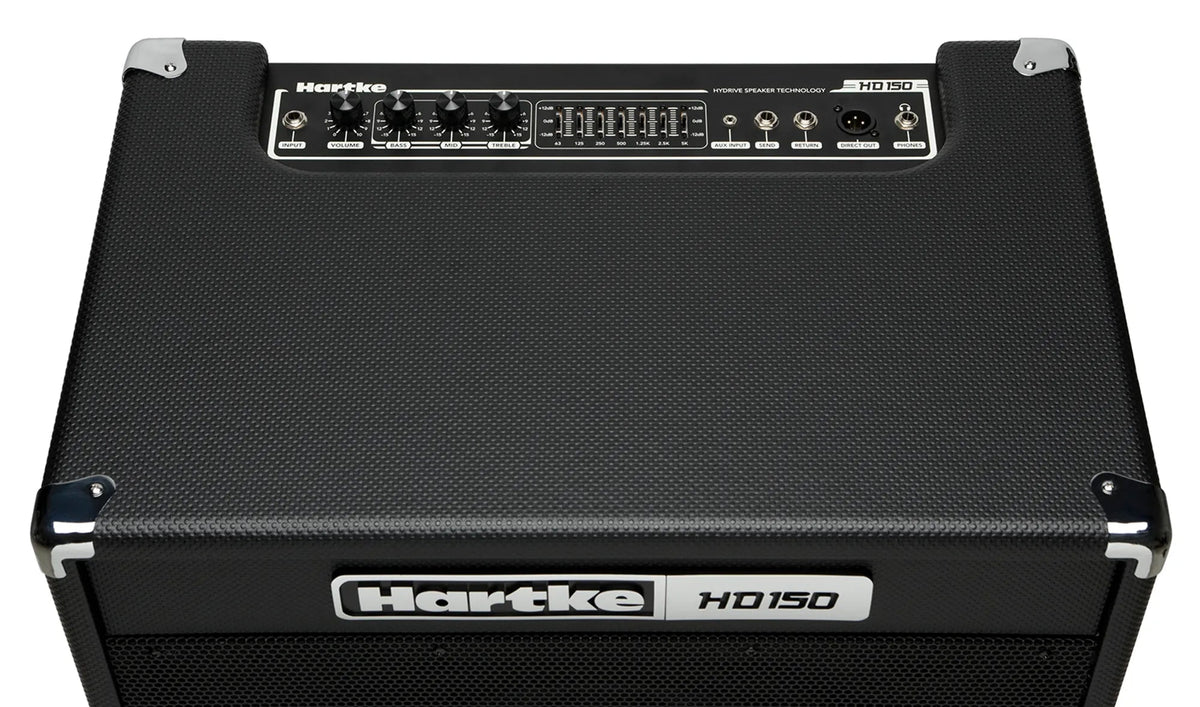Hartke HD150 bass amp Kenya top panel showing volume, bass, treble knobs, 7-band EQ sliders, and input/output jacks