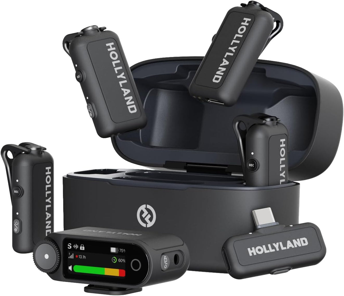 Hollyland Lark Max 2 wireless lavalier mic system with 4 transmitters and receiver