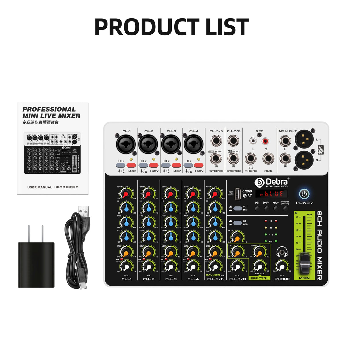 IKGE V8 8-Channel Audio Mixer DJ Console – Bluetooth 5.0, 48V Phantom Power, Delayed Replay Effects for Karaoke, PC Recording, and Podcasting - ZAMAR AUDIO SOLUTIONS