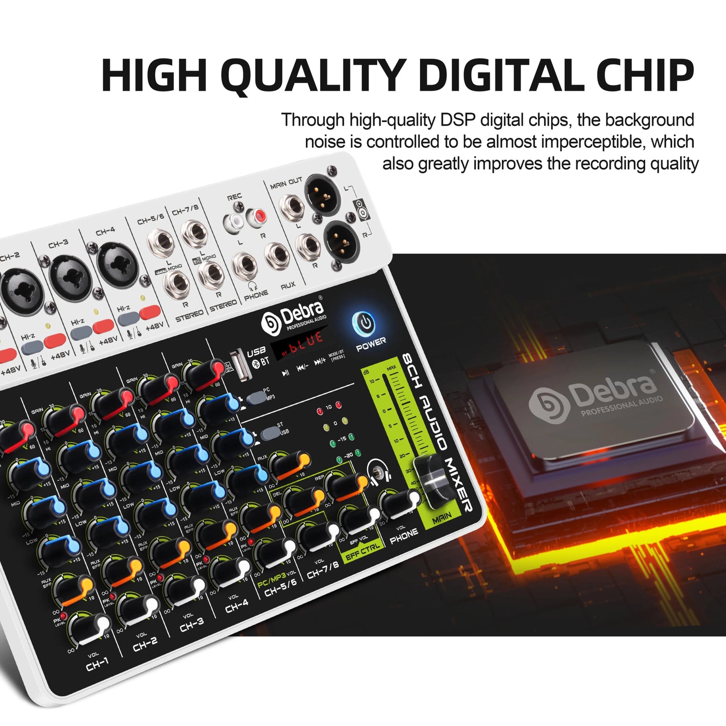IKGE V8 8 - Channel Audio Mixer DJ Console – Bluetooth 5.0, 48V Phantom Power, Delayed Replay Effects for Karaoke, PC Recording, and Podcasting - ZAMAR AUDIO SOLUTIONS