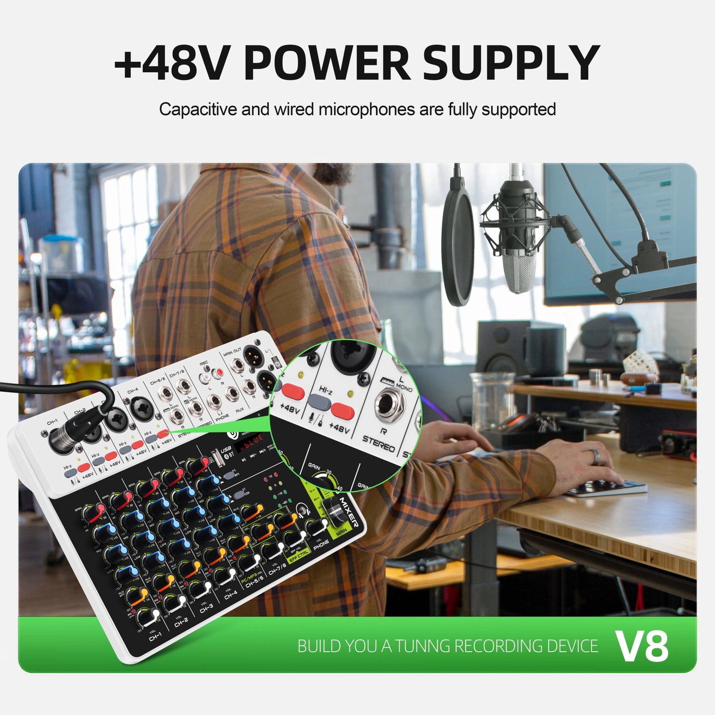IKGE V8 8 - Channel Audio Mixer DJ Console – Bluetooth 5.0, 48V Phantom Power, Delayed Replay Effects for Karaoke, PC Recording, and Podcasting - ZAMAR AUDIO SOLUTIONS