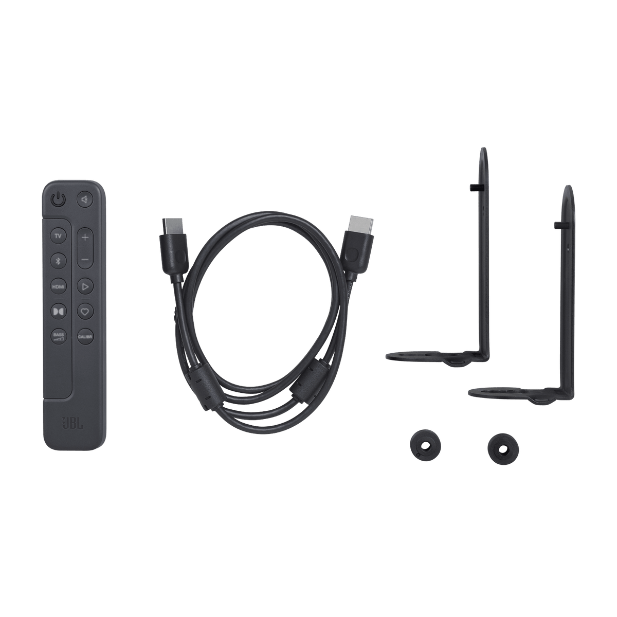 JBL Bar 500 soundbar Kenya in-box accessories — remote control, HDMI cable, wall-mount brackets and screws