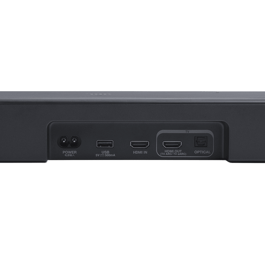 Close-up rear panel showing Power, USB, HDMI IN, HDMI OUT/eARC, and Optical ports