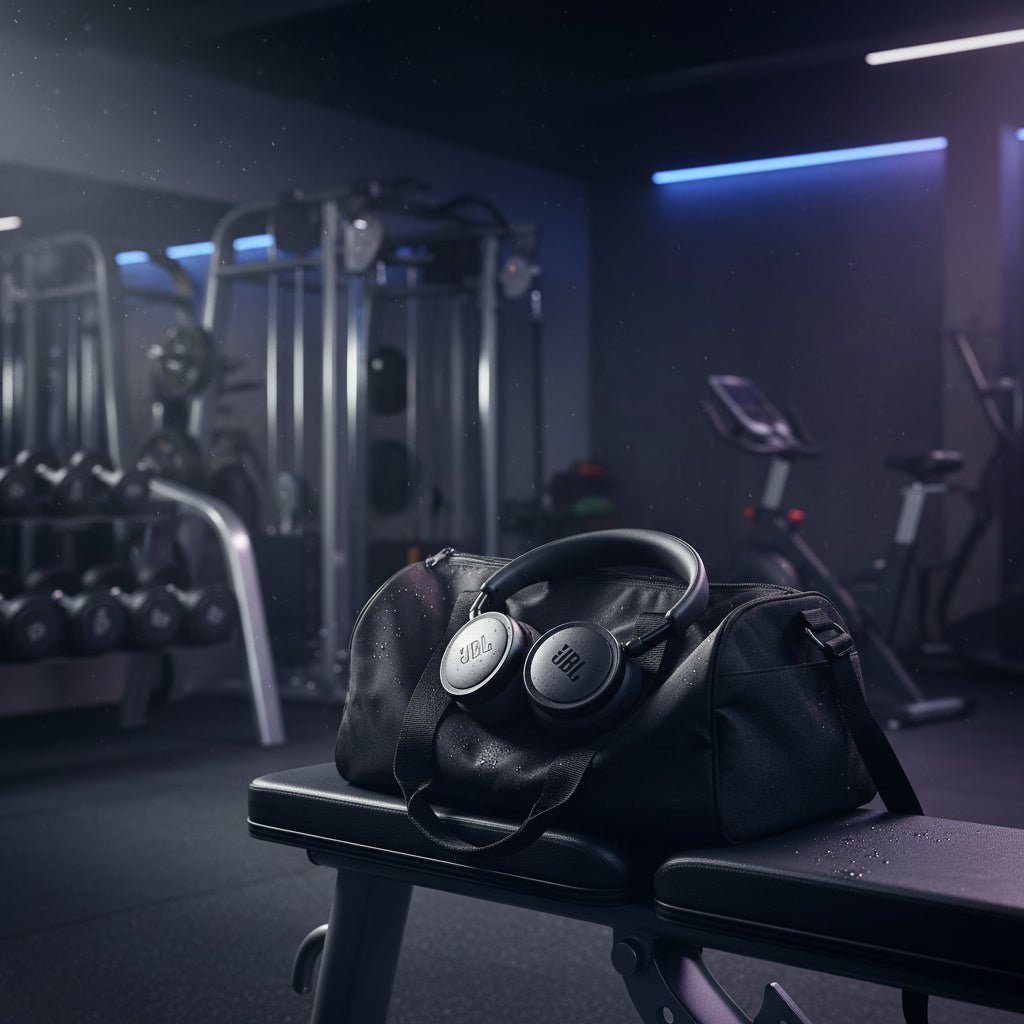 JBL Live 680NC Kenya headphones resting on a gym bag in a dark fitness studio